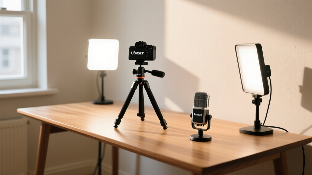 A neatly organized compact home vlogging studio featuring a UBeesize tripod, Neewer LED panels, and a Sensyne wireless mic on a wooden desk.