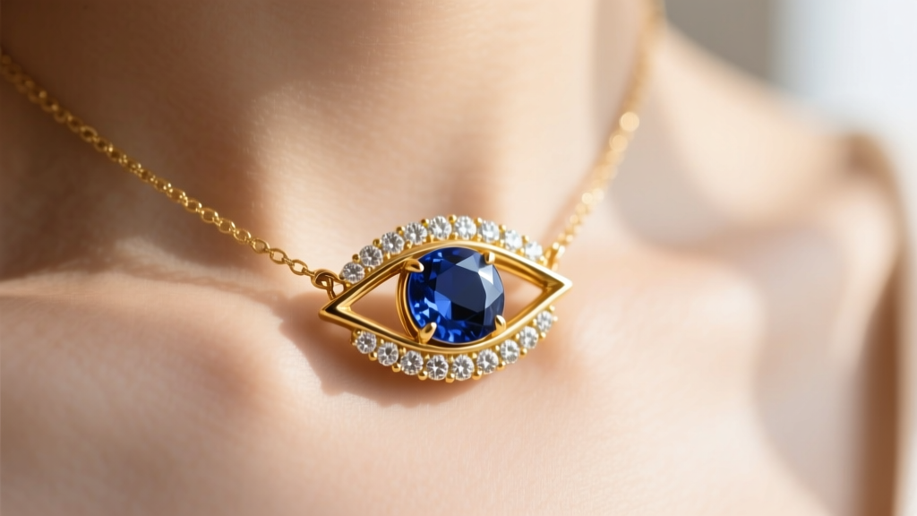 Macro shot of a 14k yellow gold eye necklace on a collarbone, highlighting a sapphire center and diamond halo in warm sunlight