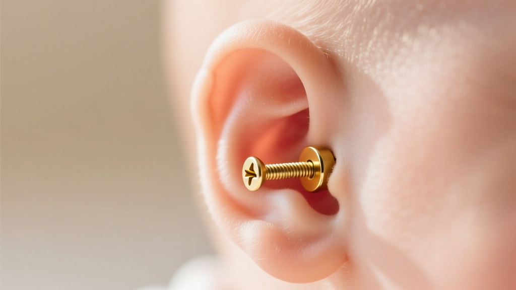Macro shot of a baby earlobe with a 14k gold screw-back stud, soft lighting, sharp focus on the threaded post and safety backing.