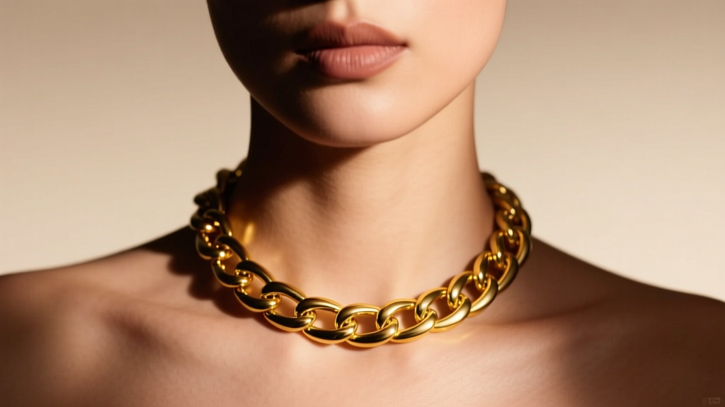 Close-up of a model wearing a 10mm solid 14k yellow gold Cuban link choker necklace under warm, directional studio lighting.