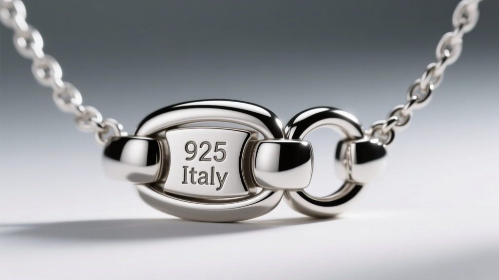 Macro shot of a silver necklace lobster clasp showing stamped 925 and Italy hallmarks under bright, directional studio lighting.