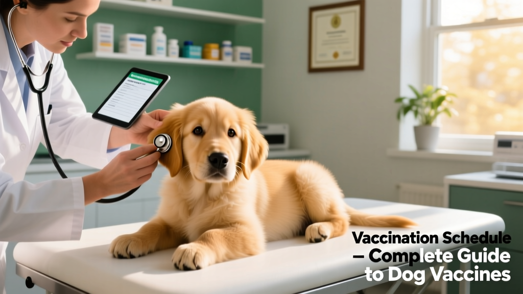 A healthy golden retriever puppy receiving a gentle veterinary exam