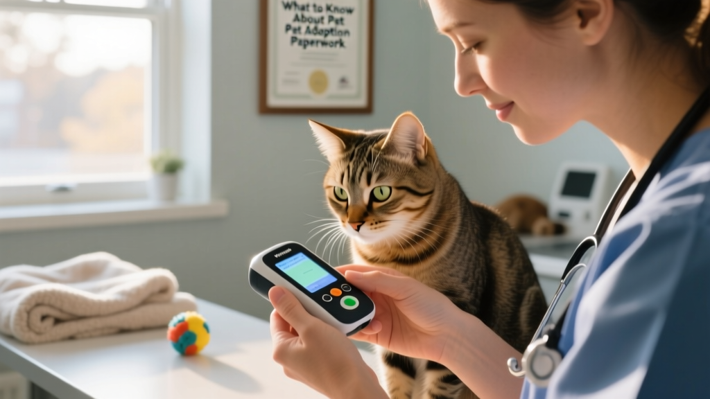 Close-up of a veterinarian scanning a cat's microchip with a handheld reader