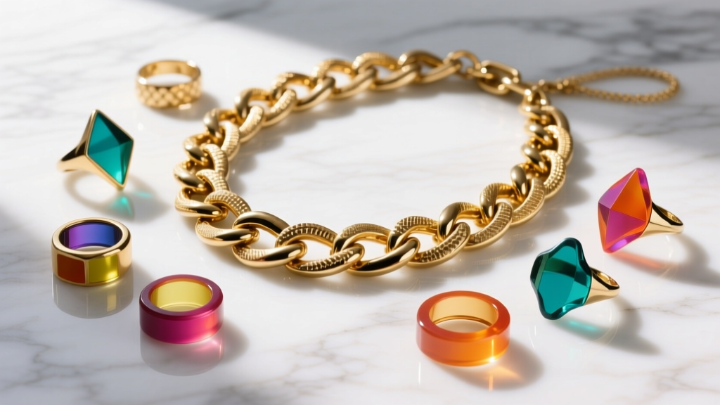 Flat lay of fashion jewelry with chunky gold-plated brass chains and colorful resin rings resting on a white marble surface