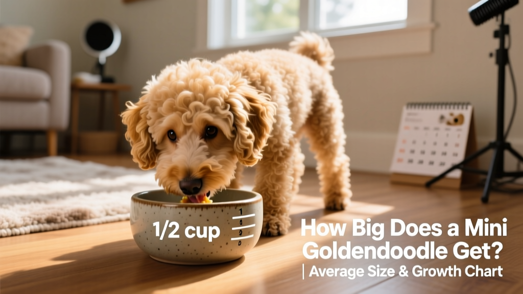 A Mini Goldendoodle eating from a ceramic bowl with visible portion control markings