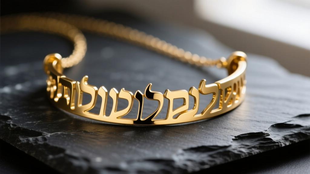 Close-up of a 14k yellow gold custom name necklace in Hebrew resting on dark slate, highlighting intricate laser-cut lettering.