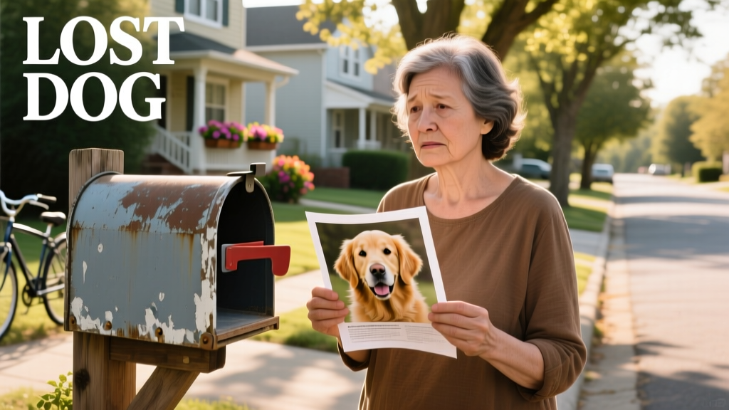 Person holding printed flyer with dog photo and 'LOST DOG' headline, standing near a neighborhood mailbox