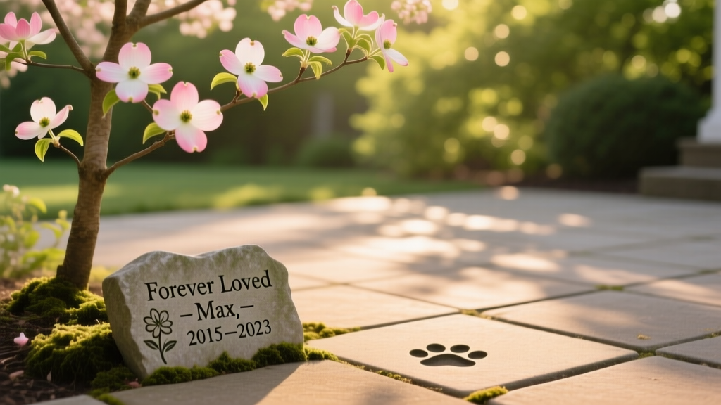 A young flowering dogwood tree planted beside a sun-dappled patio, with a small engraved stone nestled at its base