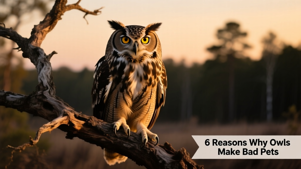 A wild owl perched on a tree branch at dusk, eyes alert and feathers ruffled