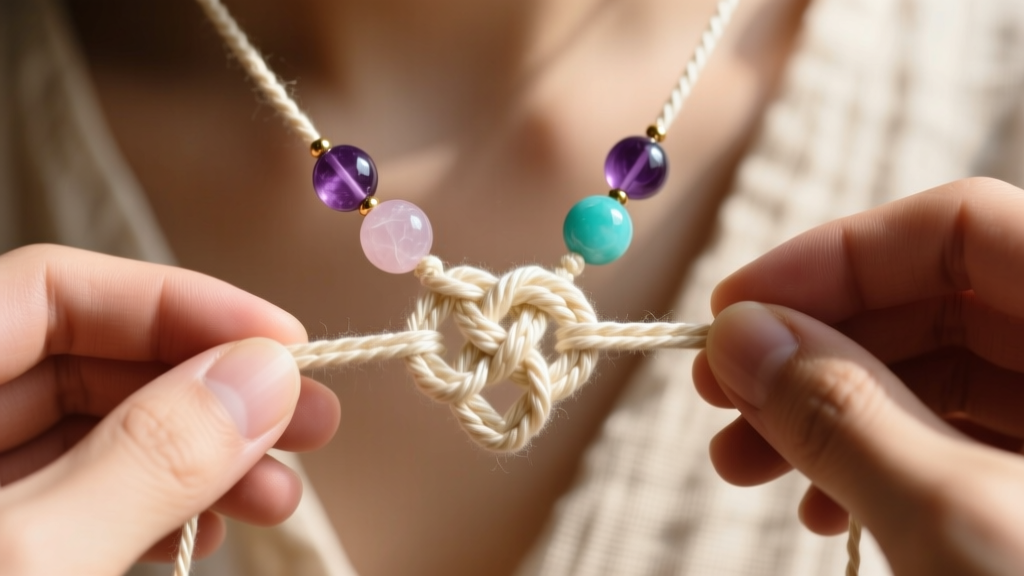 Hands tying a macrame sliding square knot using 1mm waxed cotton cord over the main thread of a gemstone spiritual beads necklace.