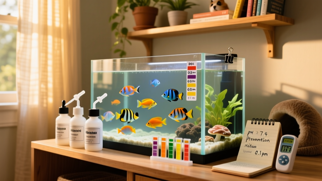 Aquarium setup with labeled treatment bottles and clean water parameters displayed on test strips