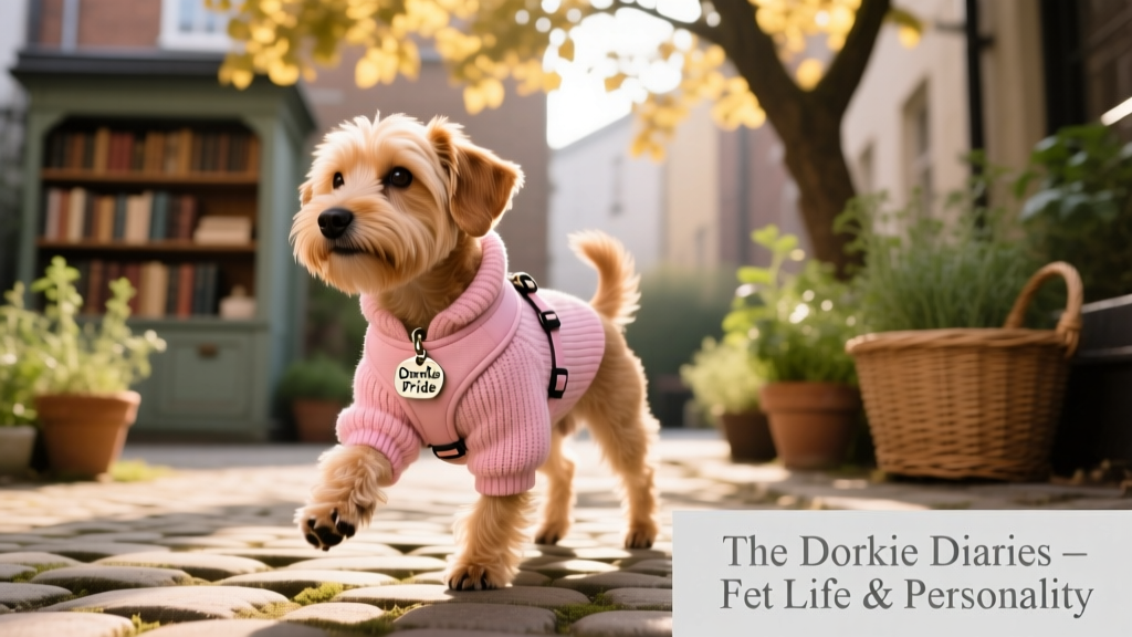 tan dorkie dog in a pink jacket and harness