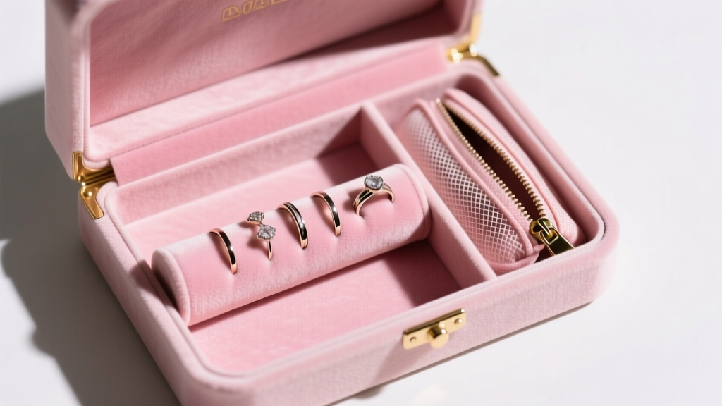 Top-down view of an open jewelry box interior showing pink polyester velvet lining, a ring roll, and a zippered mesh pocket.