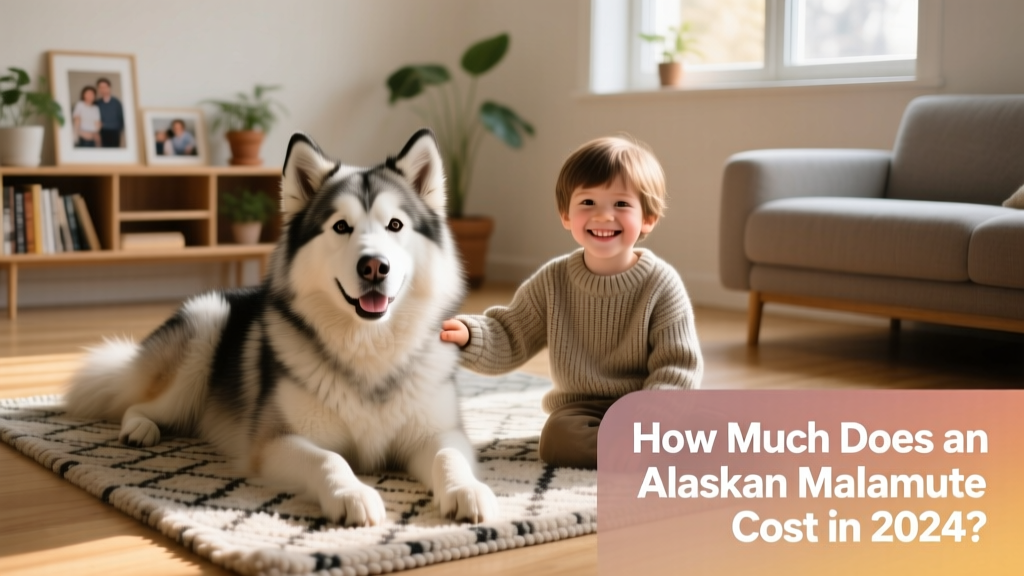 A happy senior Alaskan Malamute resting peacefully beside a young child on a rug indoors