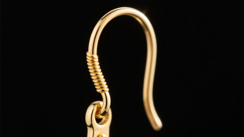 Macro shot of a 14k gold long earring french wire hook, showing precise gauge thickness and polished finish on a dark background