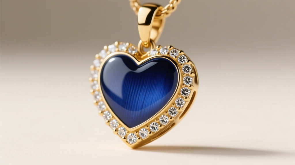 Macro shot of a gold-plated brass heart pendant revealing smooth enamel inlay and tiny prong-set cubic zirconia accents on the edge.