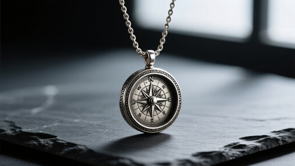 Oxidized sterling silver compass pendant on a 4mm rope chain, resting on dark slate with moody, directional lighting.