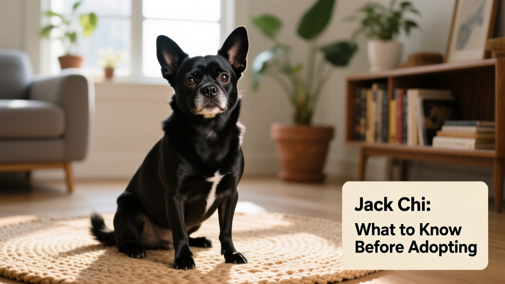 A friendly, alert Jack Chi sitting on a sunlit rug, showcasing its compact build and expressive eyes