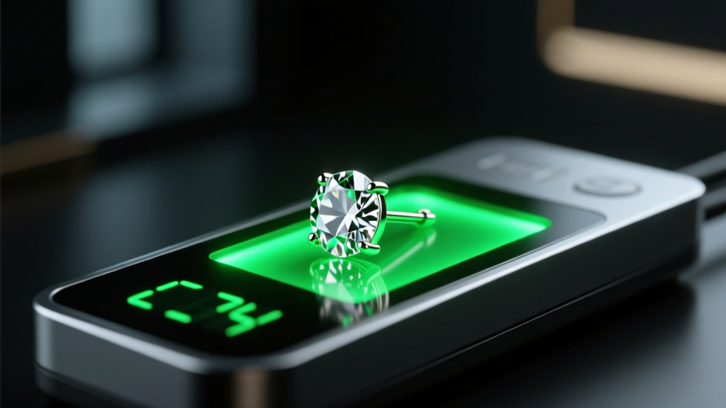 Diamond stud earring on a digital tester, LED glowing green to show thermal conductivity in a dimly lit, moody room setting.