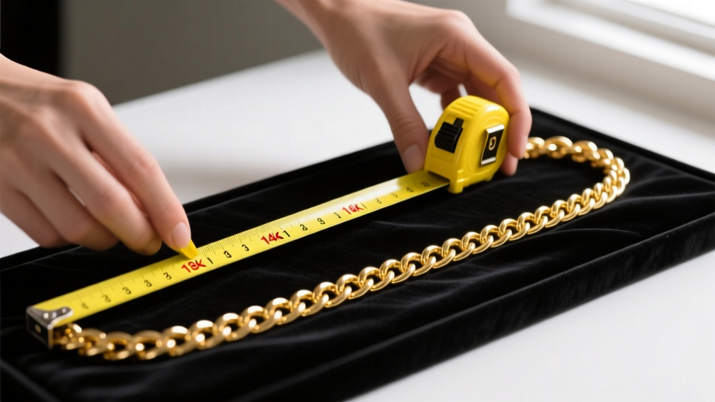 Close-up of hands using a yellow fiberglass tape to measure an 18-inch 14k gold rope chain on a dark velvet jewelry display pad.