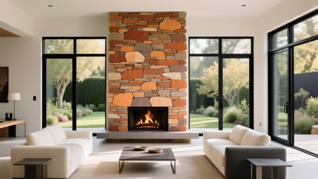 Modern living room fireplace clad in dry-stacked thin stone veneer in warm earth tones beside large black steel windows