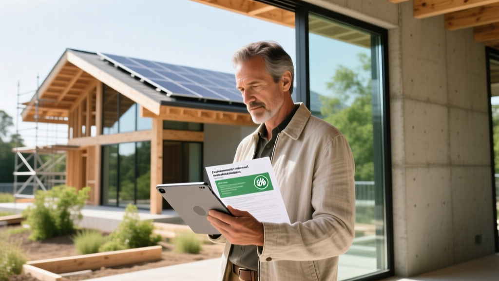 Architect reviewing Environmental Product Declaration documents and LEED submittals on a tablet at a sustainable construction site