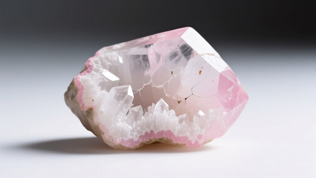 Macro shot of a raw uncut rose quartz stone showing natural white inclusions and translucent pink edges under soft lighting