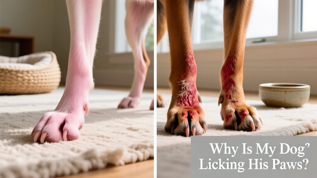 Side-by-side comparison showing healthy pink paw pads versus irritated, reddened, and swollen paws