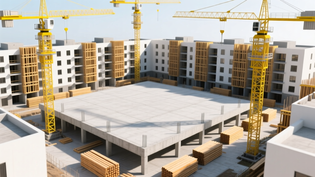 Aerial view of a mid-rise apartment complex construction site with concrete podium foundation, yellow tower cranes, and stacked lumber framing