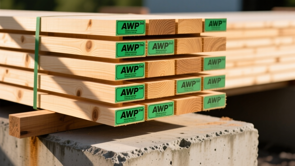 Stacks of copper-azole pressure-treated pine framing lumber with green AWPA end-tags resting on a concrete slab foundation in morning light