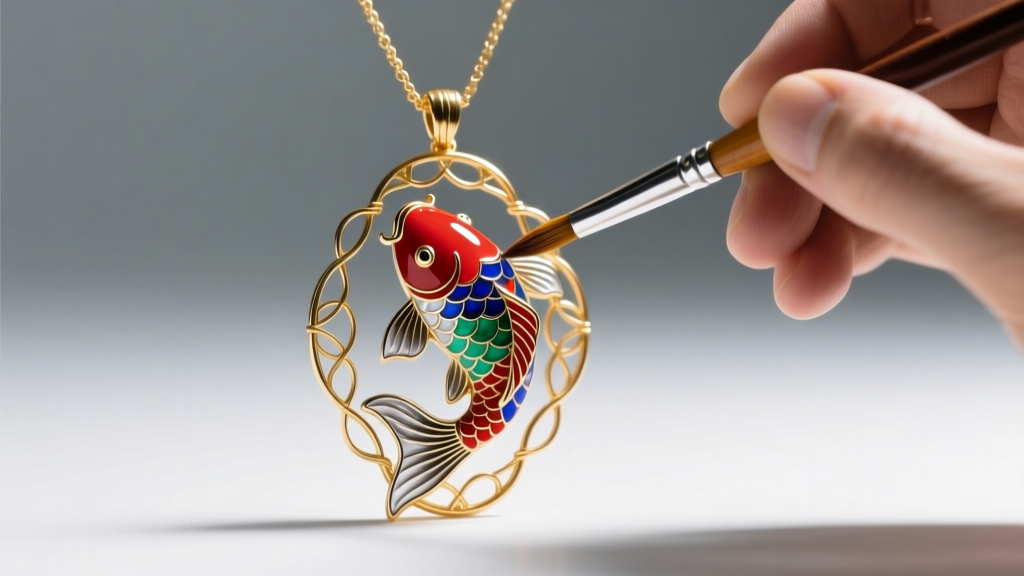 Artisan applying vitreous enamel into gold wire partitions of a koi pendant using a fine brush under bright studio lighting.