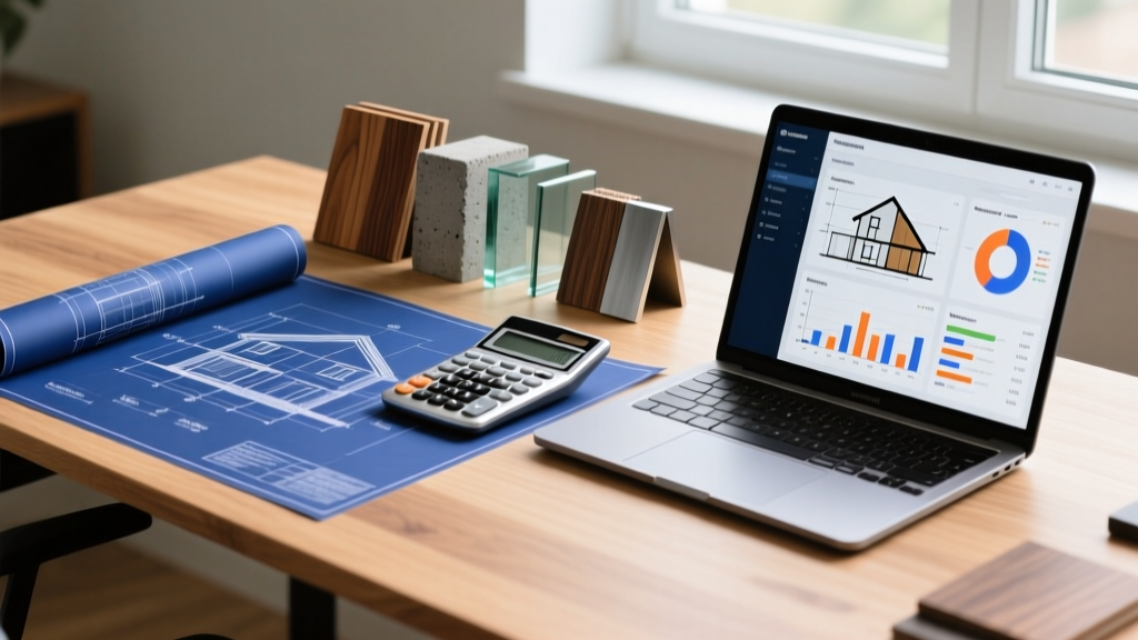 Blueprints on a wooden desk next to a calculator, material samples, and a laptop showing a house construction budget