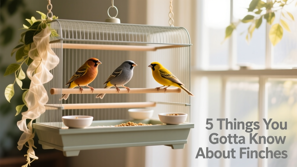 A horizontal flight-style cage filled with multiple perches, hanging silk foliage, and shallow food/water dishes—occupied by three active society finches