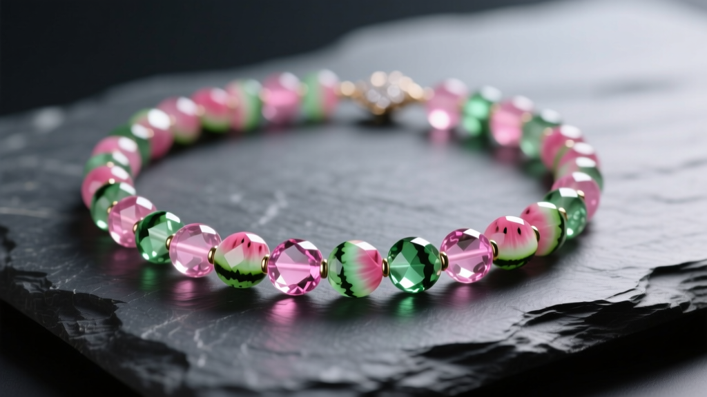 Close-up of a watermelon tourmaline beaded necklace on dark slate, highlighting pink-to-green color zoning in soft natural light.