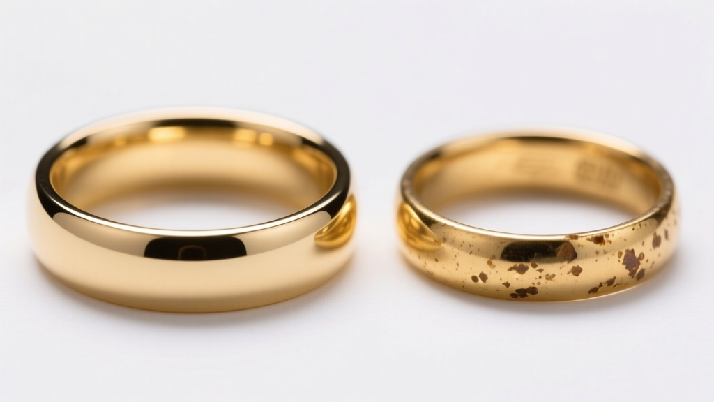 Macro photo showing a polished 14k gold band next to a slightly patinated 18k gold band under bright studio lighting