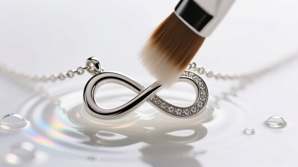 Macro shot of a soft brush cleaning the center joint of a silver infinity cross necklace submerged in mild warm soapy water.