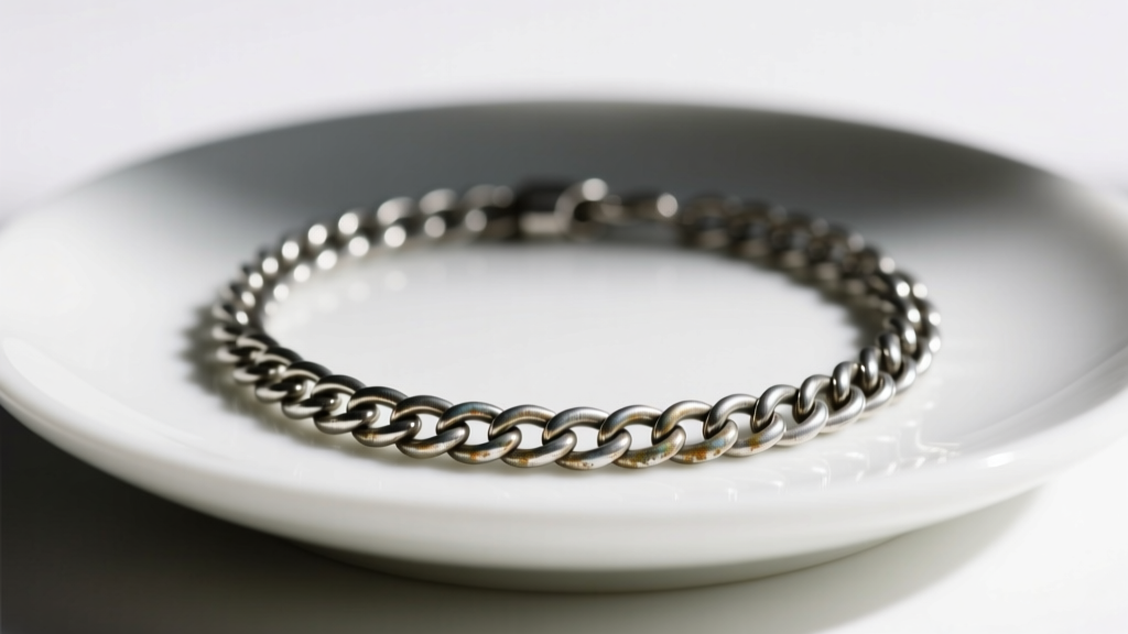 Close-up of a tarnished sterling silver cable chain necklace resting on a white ceramic dish under soft directional lighting