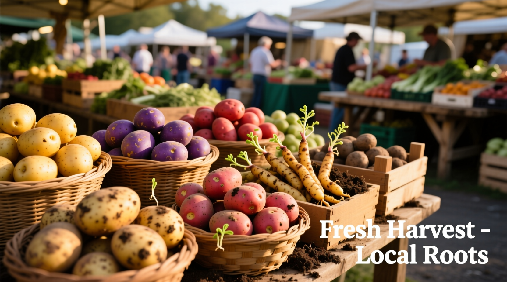Various potato varieties displayed at a farmers market