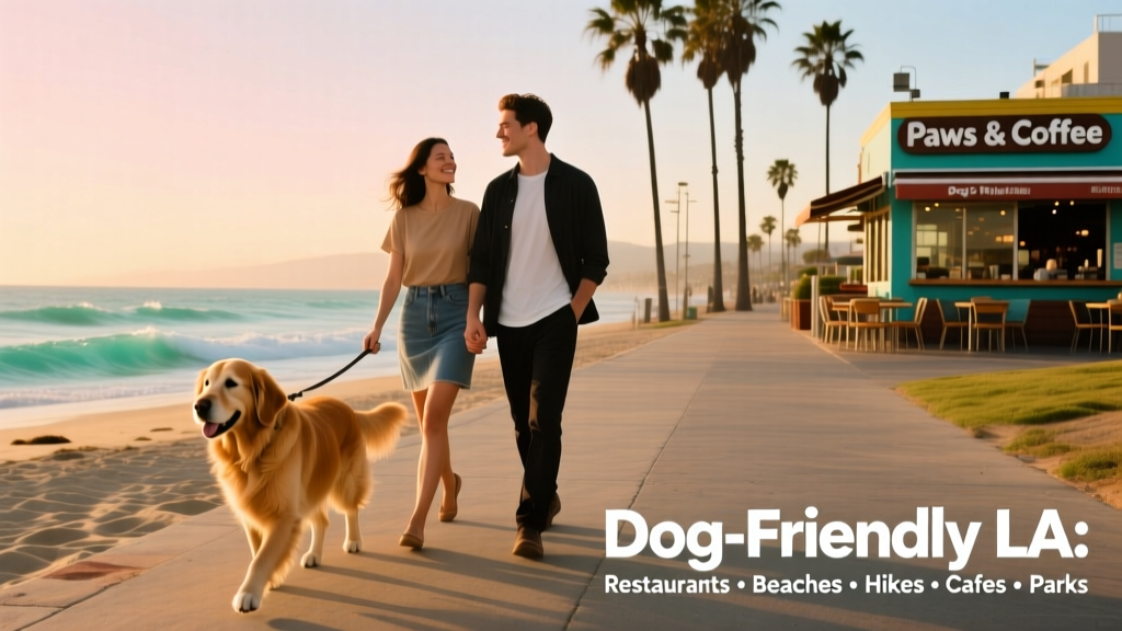 Couple walking their dog along a sunlit beach in Los Angeles, with gentle waves and palm trees in background