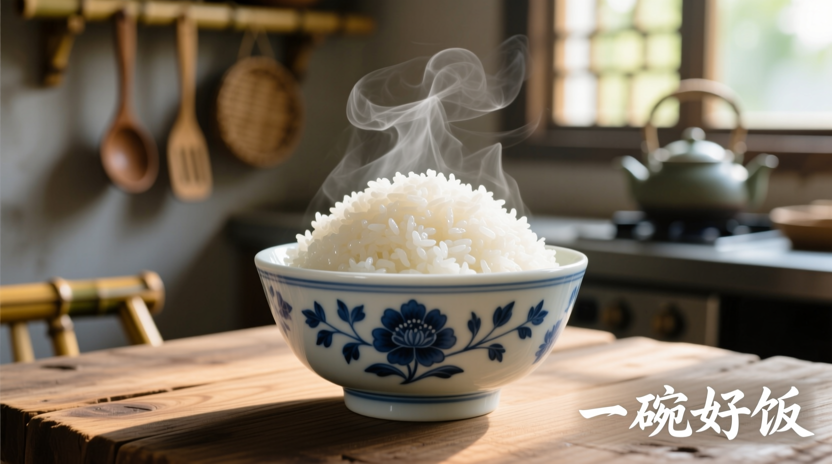 Perfectly cooked white rice in a traditional Chinese rice bowl