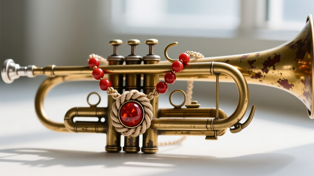 Macro photo of a vintage trombone clasp on a necklace, showing tarnished gold brass and tight silk knotting near red coral beads.