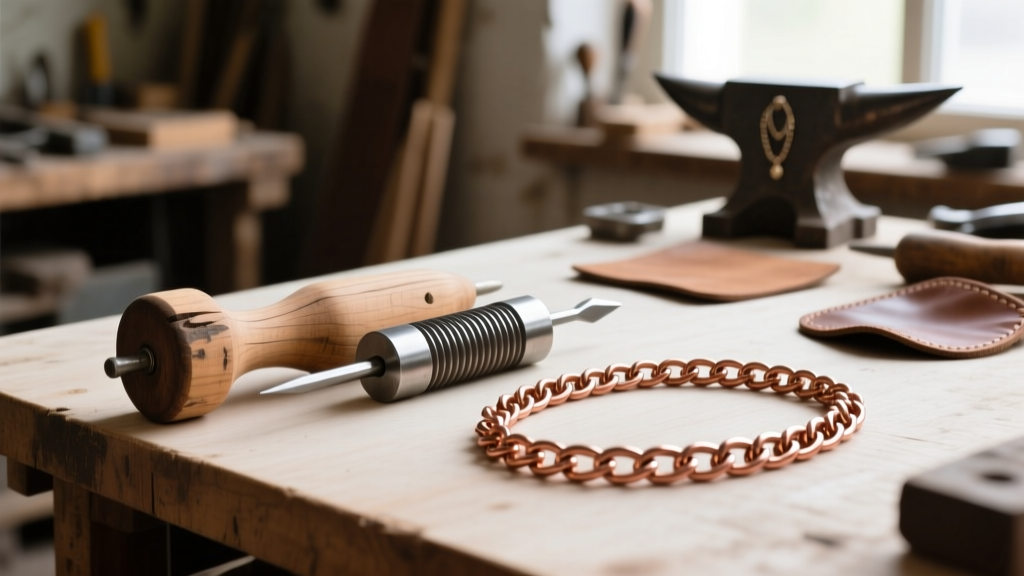 Wooden mandrel and steel draw plate on a workbench beside a stretched copper viking chain awaiting professional jewelry repair.