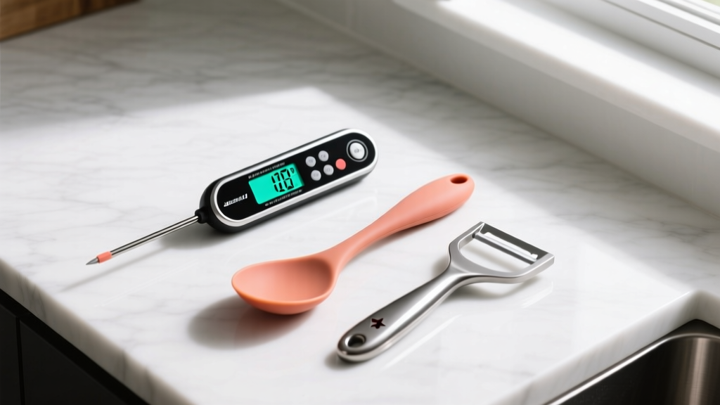 Overhead view of a digital meat thermometer, silicone scraping spoon, and carbon steel swiss peeler arranged on a marble kitchen counter