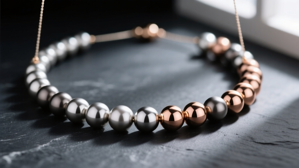 Macro shot of a ball beads necklace with matte titanium, polished silver, and rose gold vermeil spherical beads on dark slate