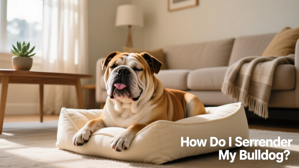 A happy, relaxed Bulldog resting comfortably on a cozy dog bed in a bright, welcoming living room