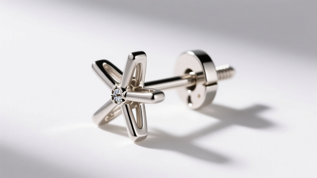 Technical diagram of a four-prong basket earring setting, highlighting an 18-gauge post and secure screw-back mechanism on white