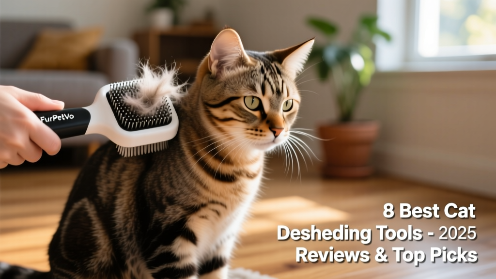 Close-up of a tabby cat being gently brushed with the FurPetVo Deshedding Cat Brush, showing loose fur collecting on the brush head
