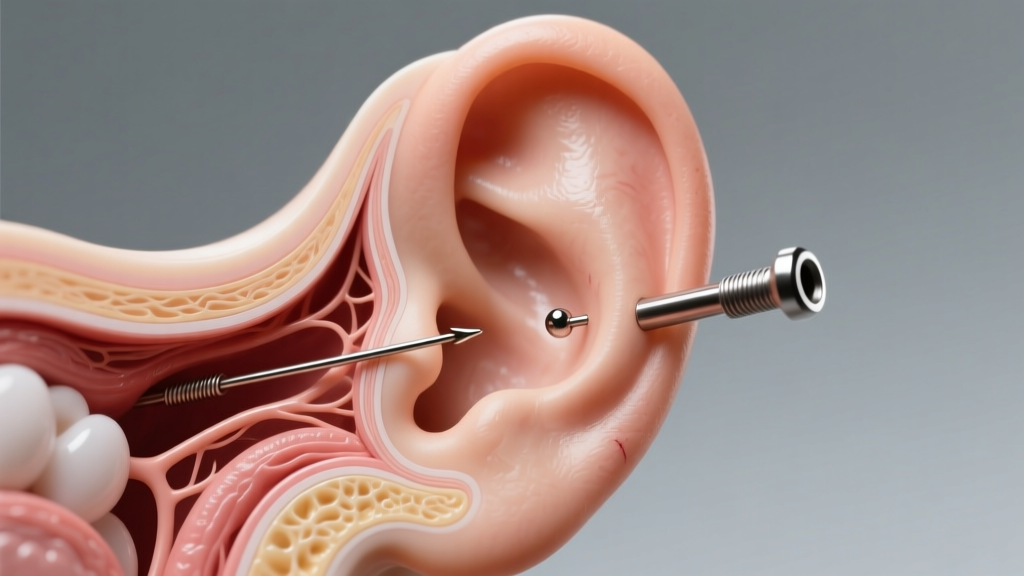 Earlobe cross-section diagram comparing a thin 20-gauge wire cutting tissue against a wider 16-gauge titanium post.