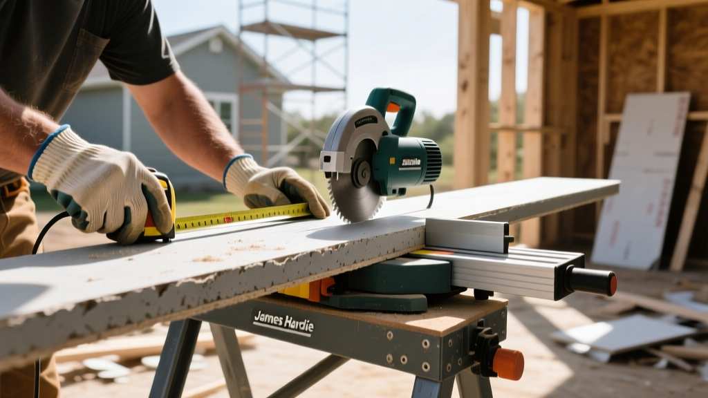 Close-up of a carpenter measuring and cutting a thick James Hardie fiber cement trim board on a sawhorse at a residential job site