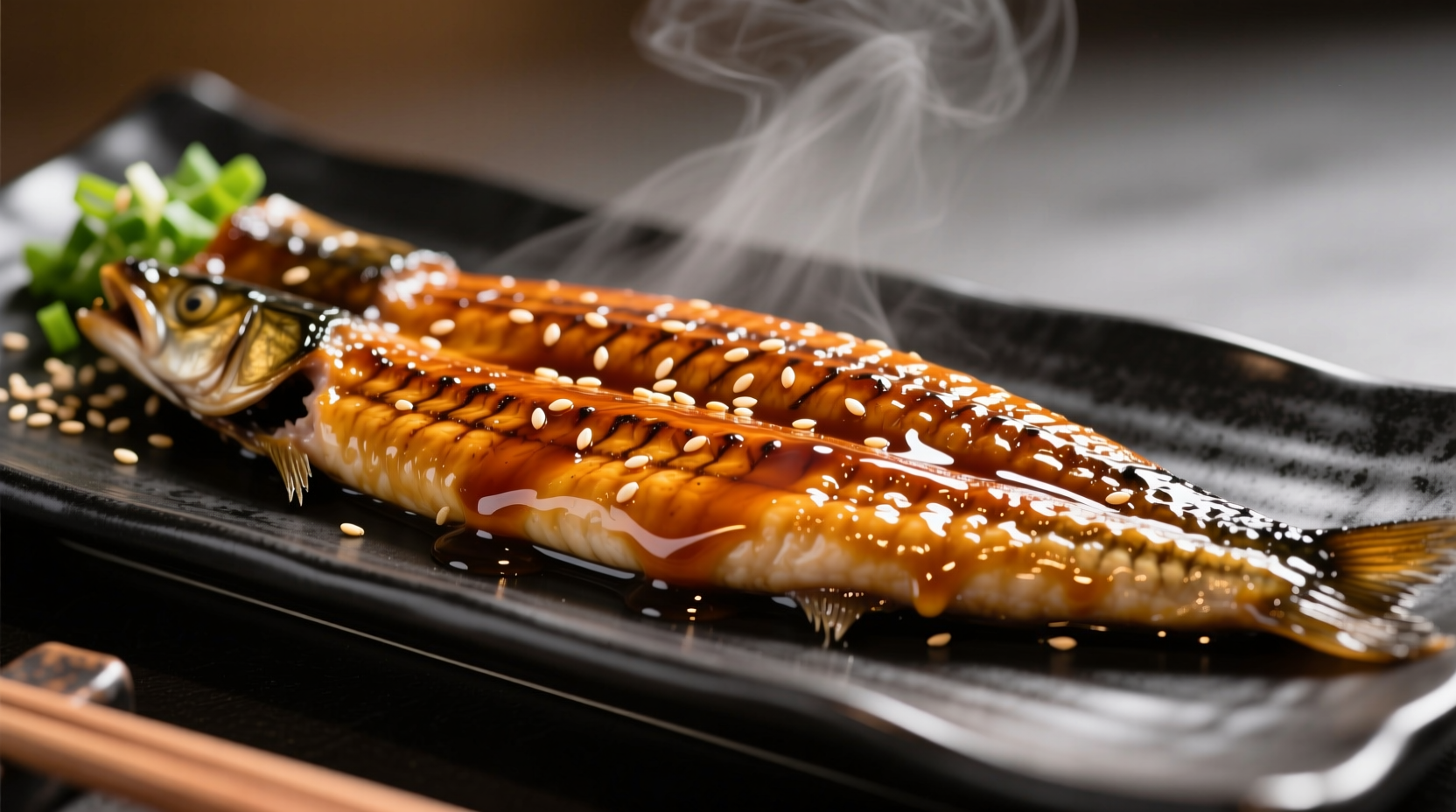 Grilled unagi eel with glossy tare sauce glaze